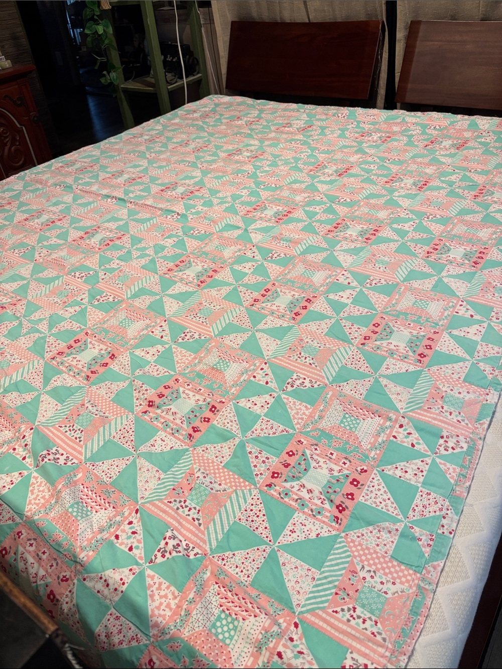Antique quilt cotton 68 x 91 pink teal reversible floral machine stitched